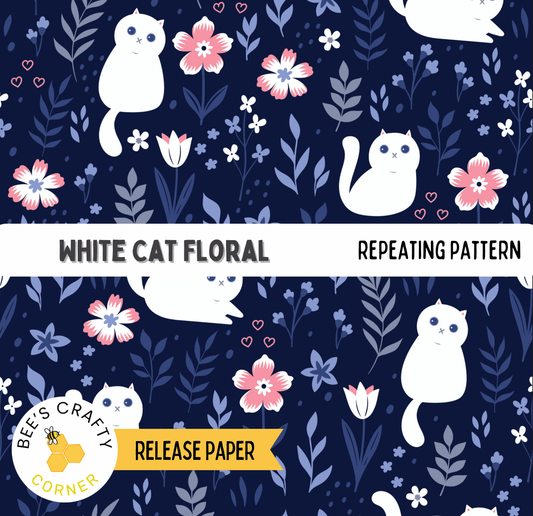 The image is a repeating pattern of white cats and flowers against a dark blue background.