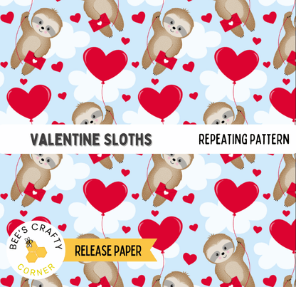 The image is a repeating pattern of Valentine's Day-themed sloths holding red heart-shaped balloons against a light blue background with white clouds.