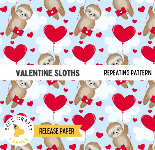 The image is a repeating pattern of Valentine's Day-themed sloths holding red heart-shaped balloons against a light blue background with white clouds.