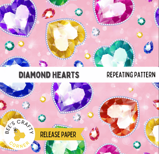 The image is a repeating pattern of colorful diamond hearts against a pink background, with various sizes and shapes of diamonds scattered throughout.