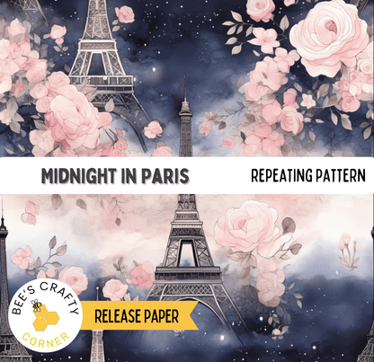 The image is a watercolor painting depicting the Eiffel Tower and Parisian flowers, with a repeating pattern of pink and white flowers against a dark blue sky.