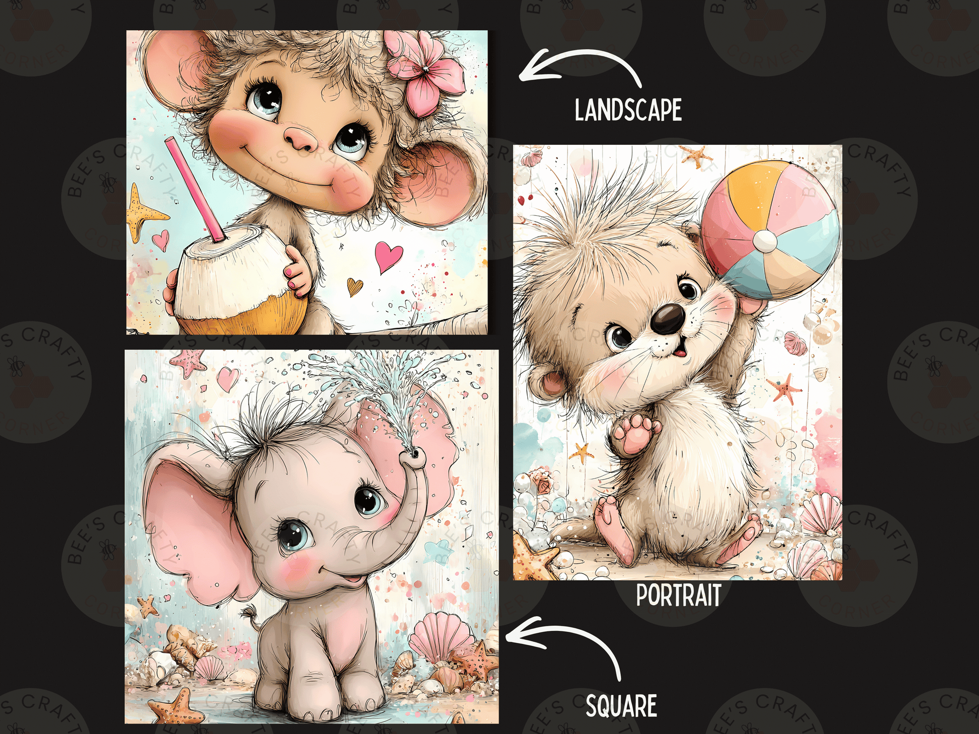 The image is a collage of three different illustrations featuring cute, cartoon-like animals. The first illustration depicts a monkey holding a drink, the second illustration shows a small elephant holding a beach ball, and the third illustration is a small animal holding a beach ball.
