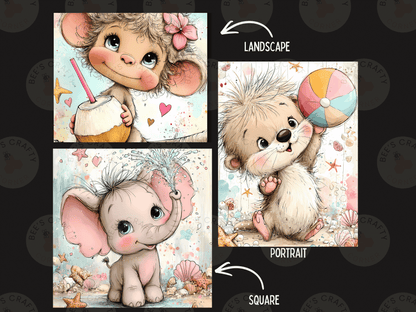 The image is a collage of three different illustrations featuring cute, cartoon-like animals. The first illustration depicts a monkey holding a drink, the second illustration shows a small elephant holding a beach ball, and the third illustration is a small animal holding a beach ball.