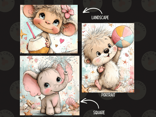 The image is a collage of three different illustrations featuring cute, cartoon-like animals. The first illustration depicts a monkey holding a drink, the second illustration shows a small elephant holding a beach ball, and the third illustration is a small animal holding a beach ball.