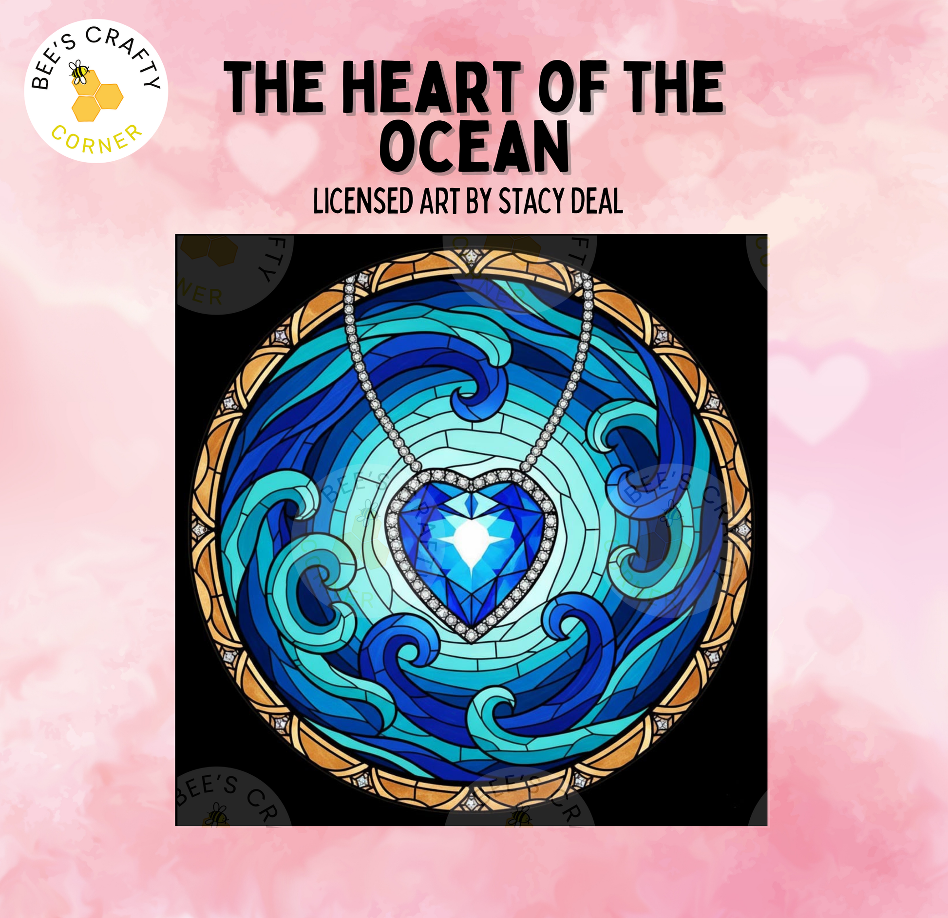 The image is a vibrant stained glass artwork depicting a heart-shaped gemstone surrounded by swirling blue and turquoise waves, set against a pink background.