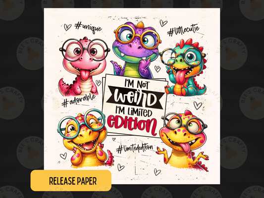 The image is a colorful illustration featuring a group of cartoon-like creatures with large eyes and glasses, accompanied by text that reads "I'm not weird, I'm limited edition" and "#LimitedEdition".