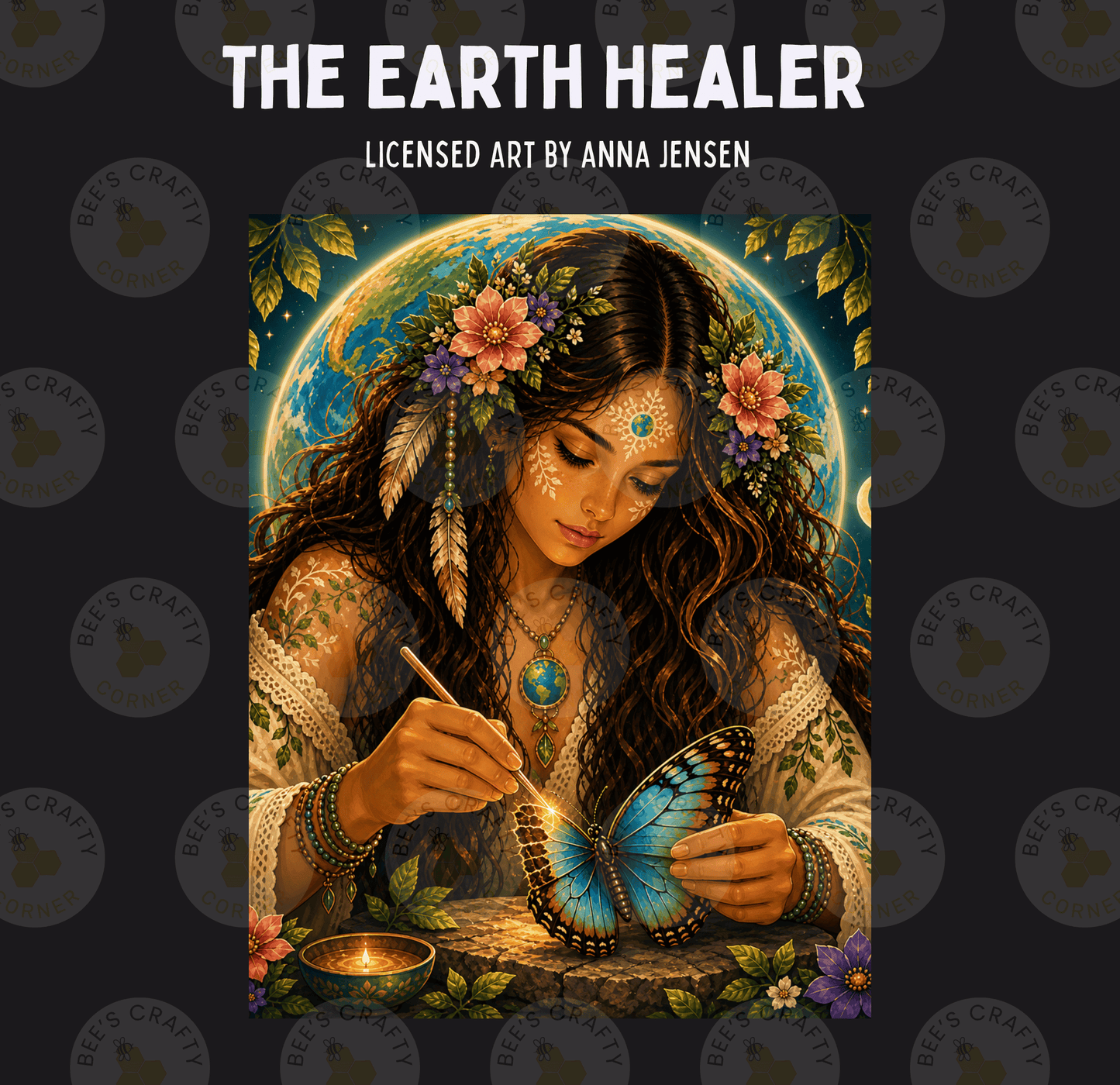The image is a painting depicting a woman with long, dark hair and a butterfly tattoo, surrounded by flowers and a globe, with the title "The Earth Healer" and the artist's name "LICENSED ART BY Anna Jensen" at the top.