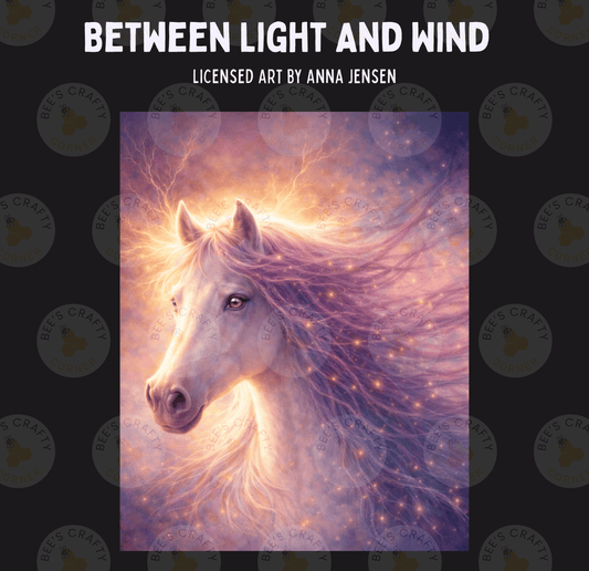 The image is a digital artwork depicting a white unicorn with flowing, glowing hair against a backdrop of a purple and orange sky.
