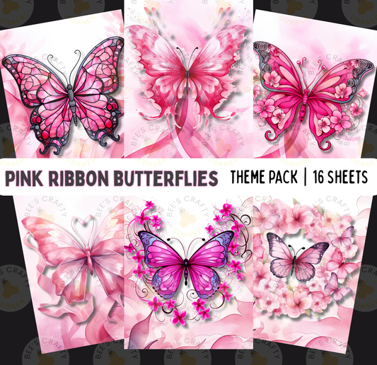 The image is a theme pack of pink ribbon butterflies, containing 16 sheets of butterfly designs with pink ribbons and flowers.