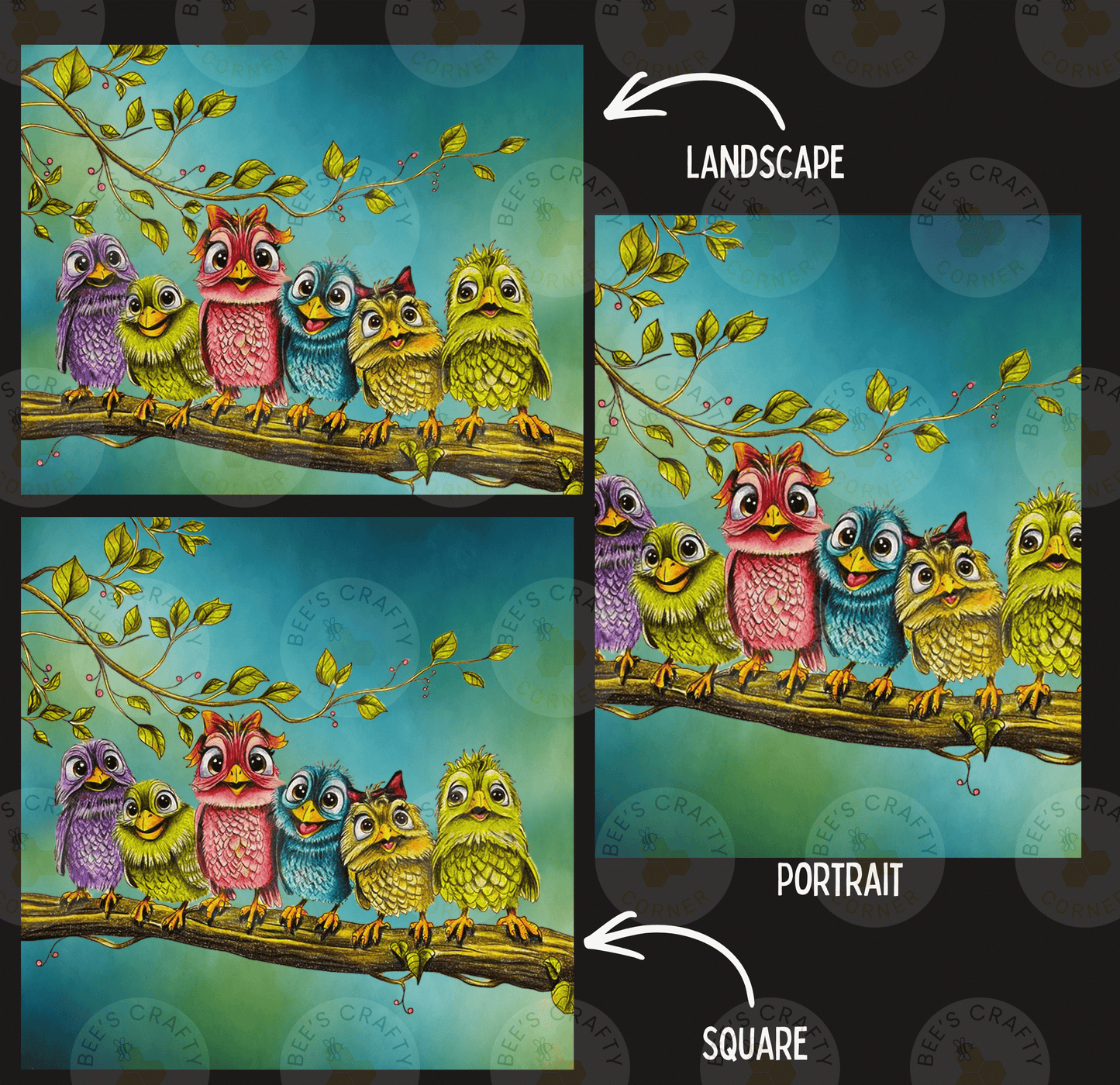 The image is a collage of two images, each depicting a group of colorful birds perched on a branch. The birds are of various species and are arranged in a visually appealing manner. The collage is labeled as a "Landscape" and a "Portrait" to differentiate between the two images.