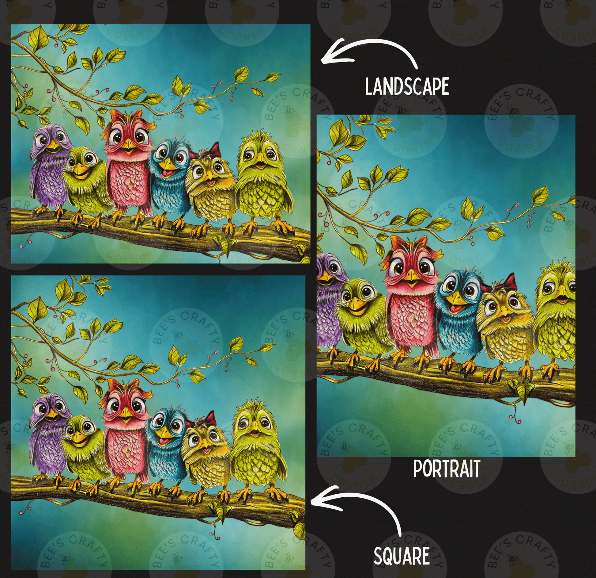 The image is a collage of two images, each depicting a group of colorful birds perched on a branch. The birds are of various species and are arranged in a visually appealing manner. The collage is labeled as a "Landscape" and a "Portrait" to differentiate between the two images.