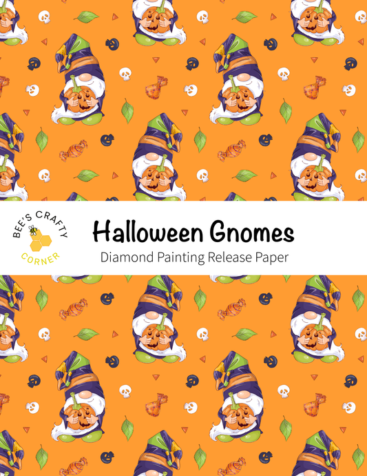 The image is a repeating pattern of Halloween-themed gnomes and other Halloween-related elements, such as skulls and pumpkins, against an orange background.