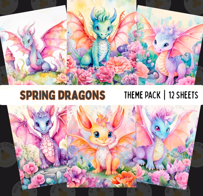 The image is a theme pack of 12 colorful illustrations of dragons, featuring various dragon species in a vibrant, whimsical landscape with flowers and foliage.