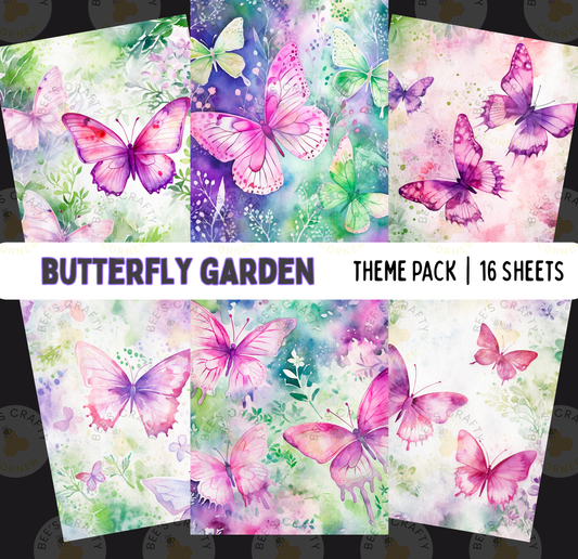 The image is a collage of 16 sheets featuring various butterfly designs in a garden theme. The butterflies are depicted in different colors and styles, creating a visually appealing and vibrant collection.