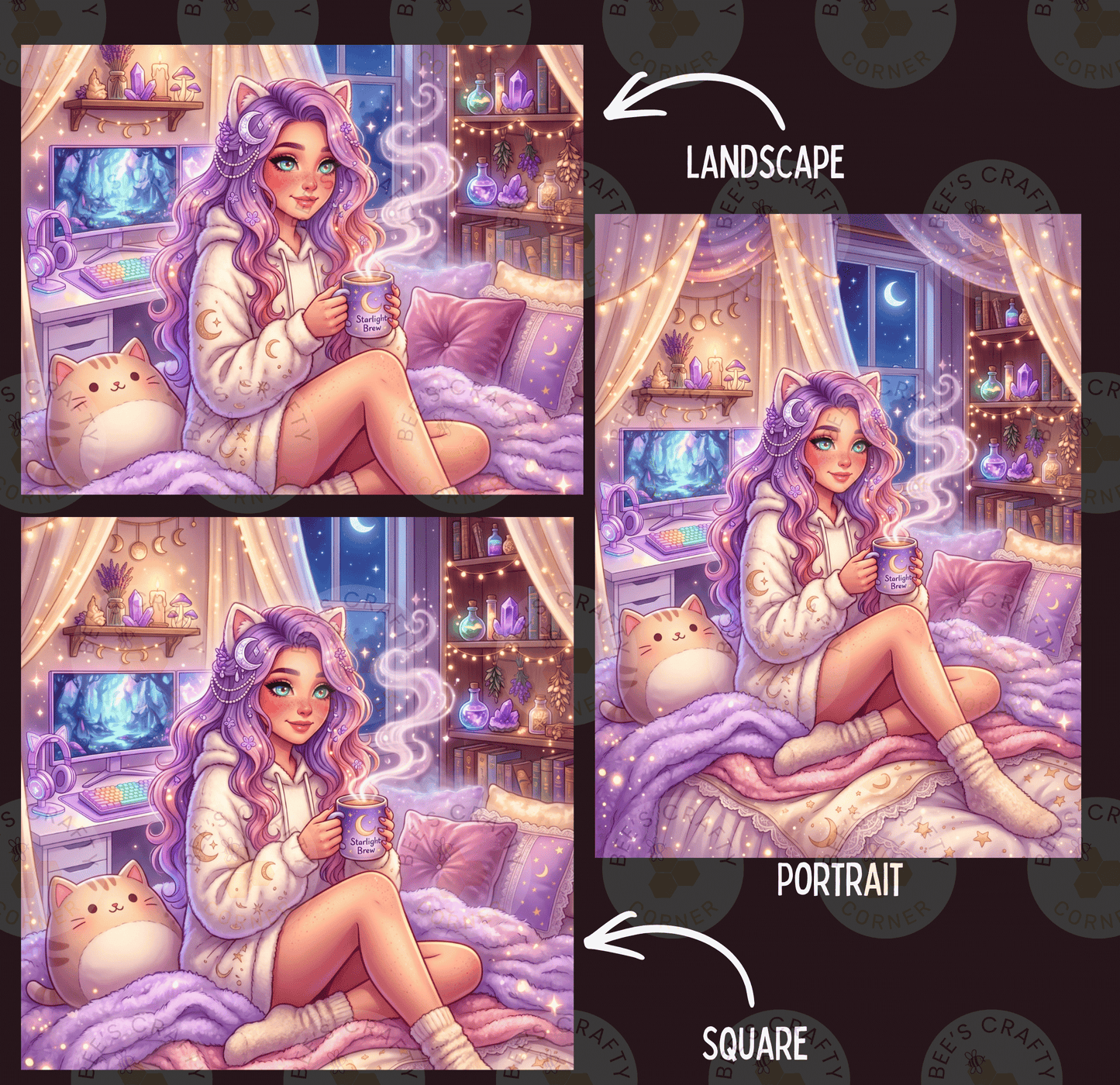 The image is a collage of three pictures depicting a young woman with long, purple hair sitting in a cozy, purple-themed room. The woman is holding a cup and appears to be enjoying a warm beverage. The collage is labeled as a landscape, portrait, and square, indicating the different perspectives of the scene.