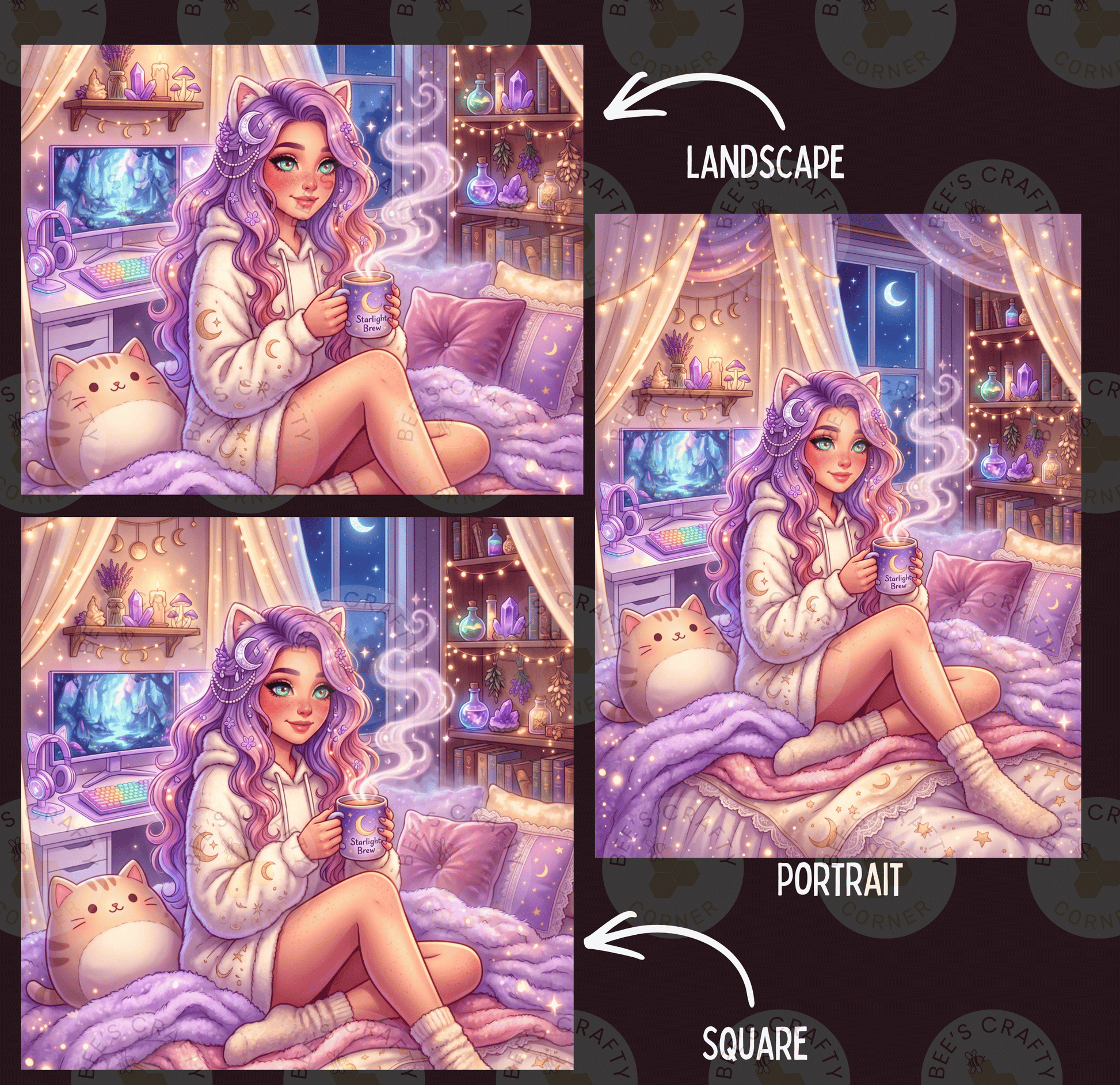 The image is a collage of three pictures depicting a young woman with long, purple hair sitting in a cozy, purple-themed room. The woman is holding a cup and appears to be enjoying a warm beverage. The collage is labeled as a landscape, portrait, and square, indicating the different perspectives of the scene.