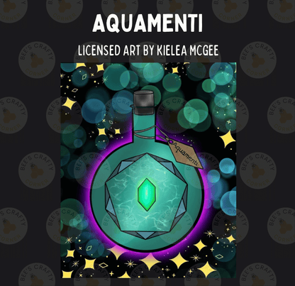 The image is a digital illustration featuring a green bottle with a green gemstone, surrounded by a starry night sky and colorful bokeh effects.