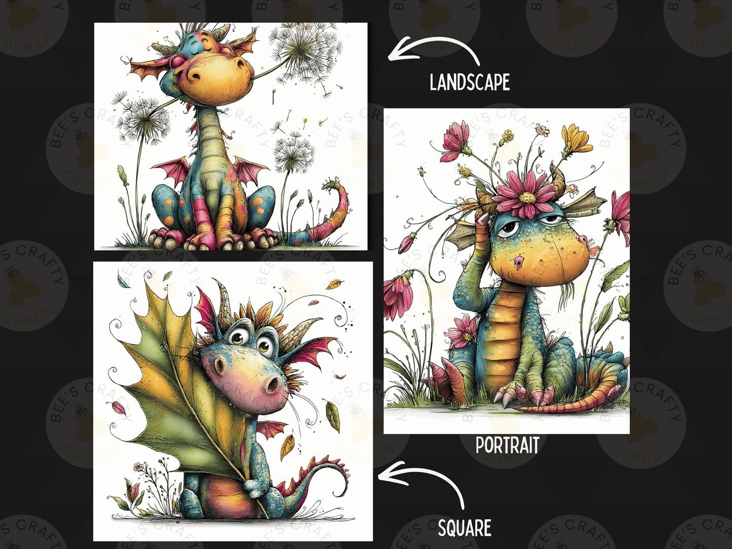 The image is a collage of three pictures featuring colorful, whimsical dragon illustrations. The first dragon is sitting on a flower, the second dragon is holding a leaf, and the third dragon is sitting on a rock. The image is labeled as a landscape, portrait, and square, and the text "LANDSCAPE" is present in the top right corner.