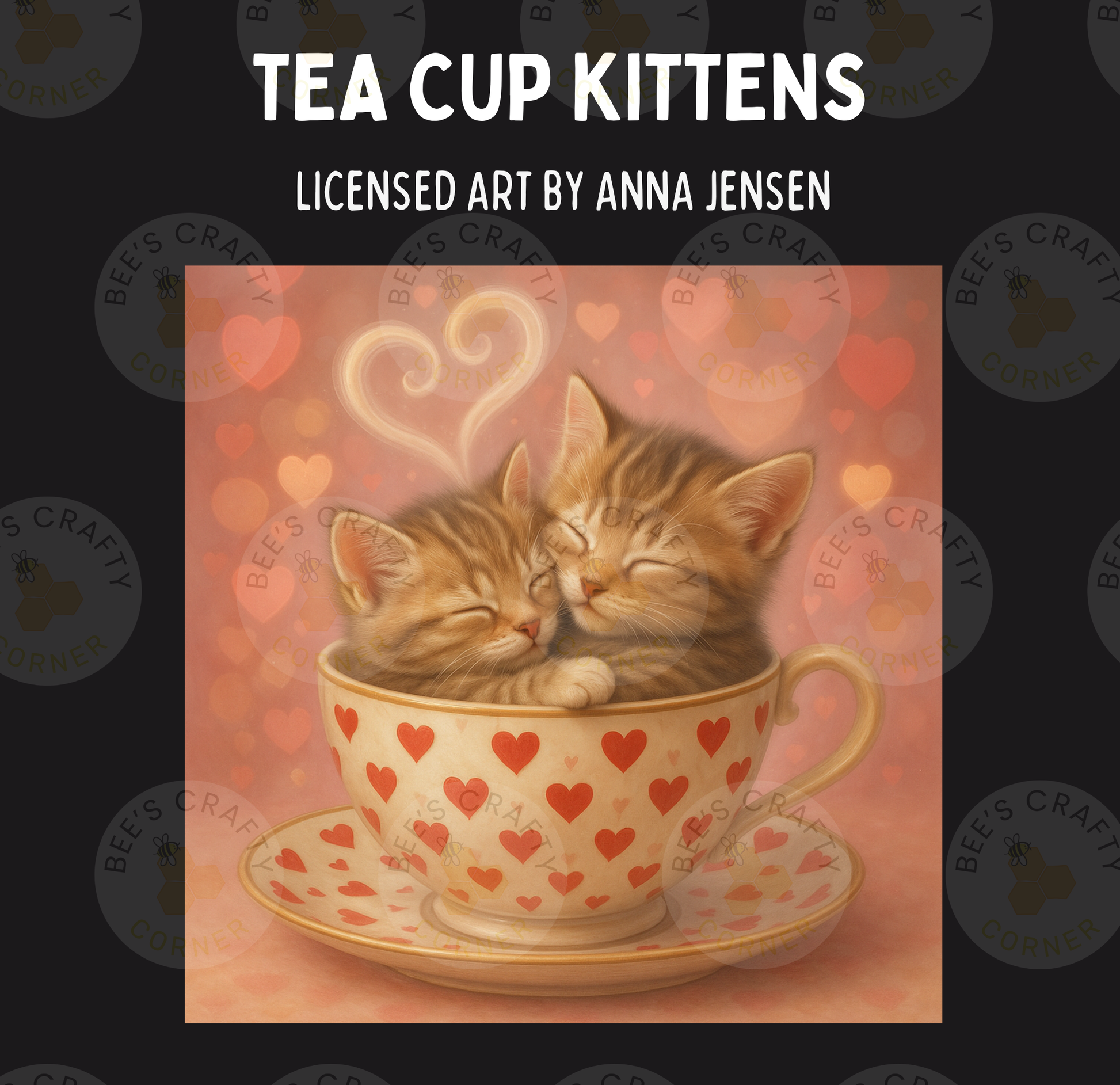 A painting of two kittens cuddled together in a teacup, with a heart-shaped steam effect above them.