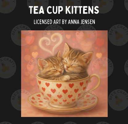 A painting of two kittens cuddled together in a teacup, with a heart-shaped steam effect above them.
