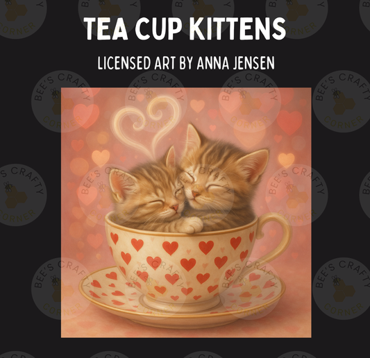 A painting of two kittens cuddled together in a teacup, with a heart-shaped steam effect above them.