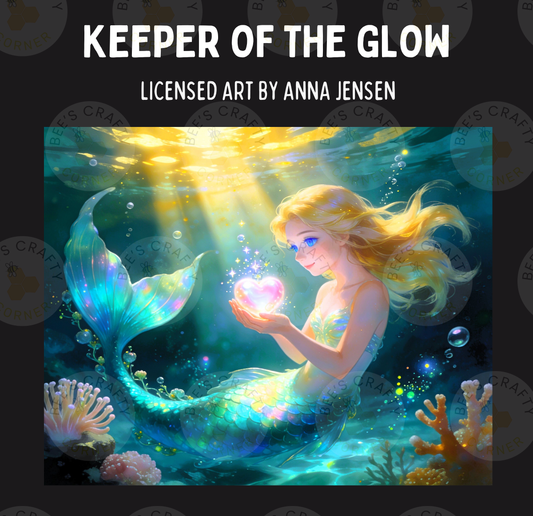 The image is a vibrant and colorful illustration of a mermaid holding a glowing heart, surrounded by bubbles and marine life, with a radiant light source above her.
