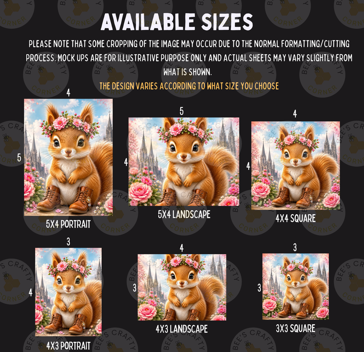 six different sizes of a portrait of a squirrel, each with a unique background and floral elements. The sizes range from 5x4 to 5x3, and the background varies from a landscape to a square. The squirrels are dressed in flower crowns and are positioned in various poses, creating a diverse and visually appealing collection of images.