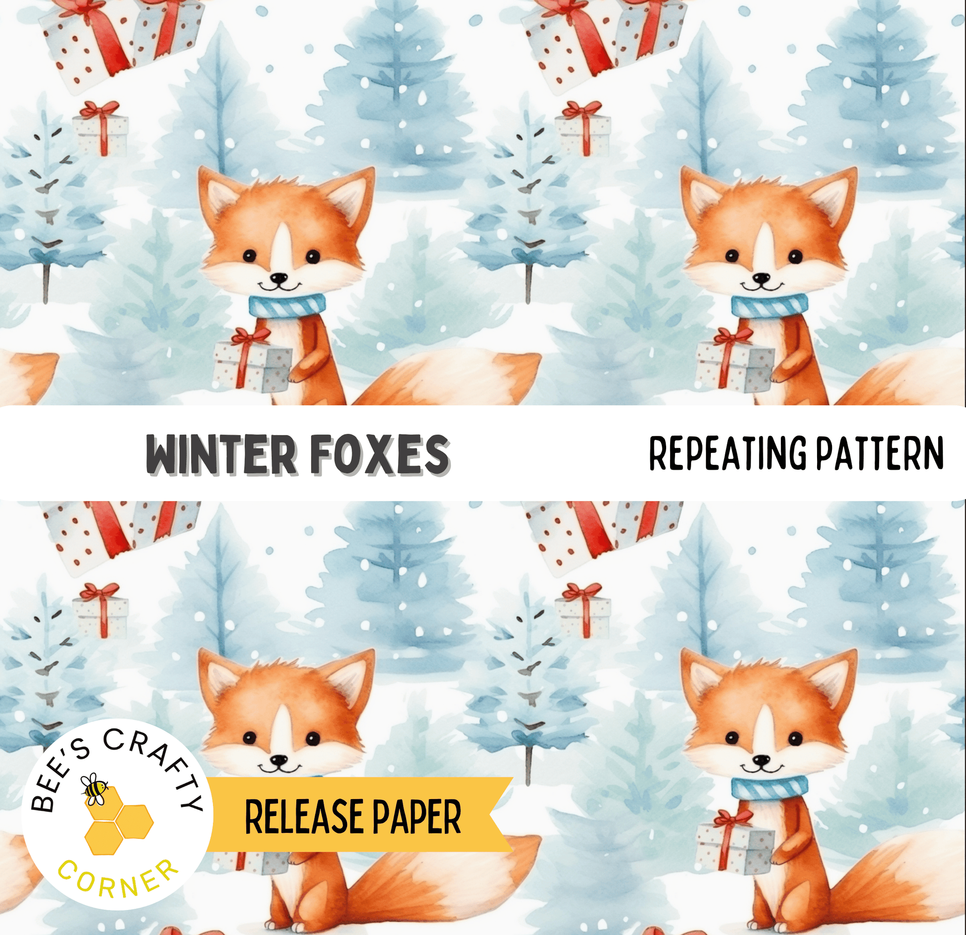 The image is a repeating pattern featuring a cartoon fox holding presents and standing in a snowy forest.