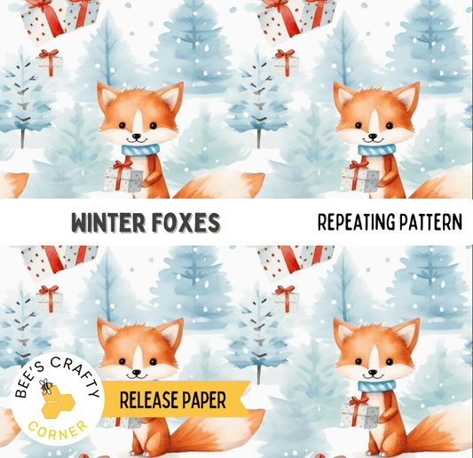 The image is a repeating pattern featuring a cartoon fox holding presents and standing in a snowy forest.