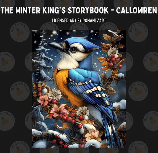 The image is a digital illustration of a blue bird with orange and white feathers, surrounded by flowers and berries, set against a snowy background with stars.