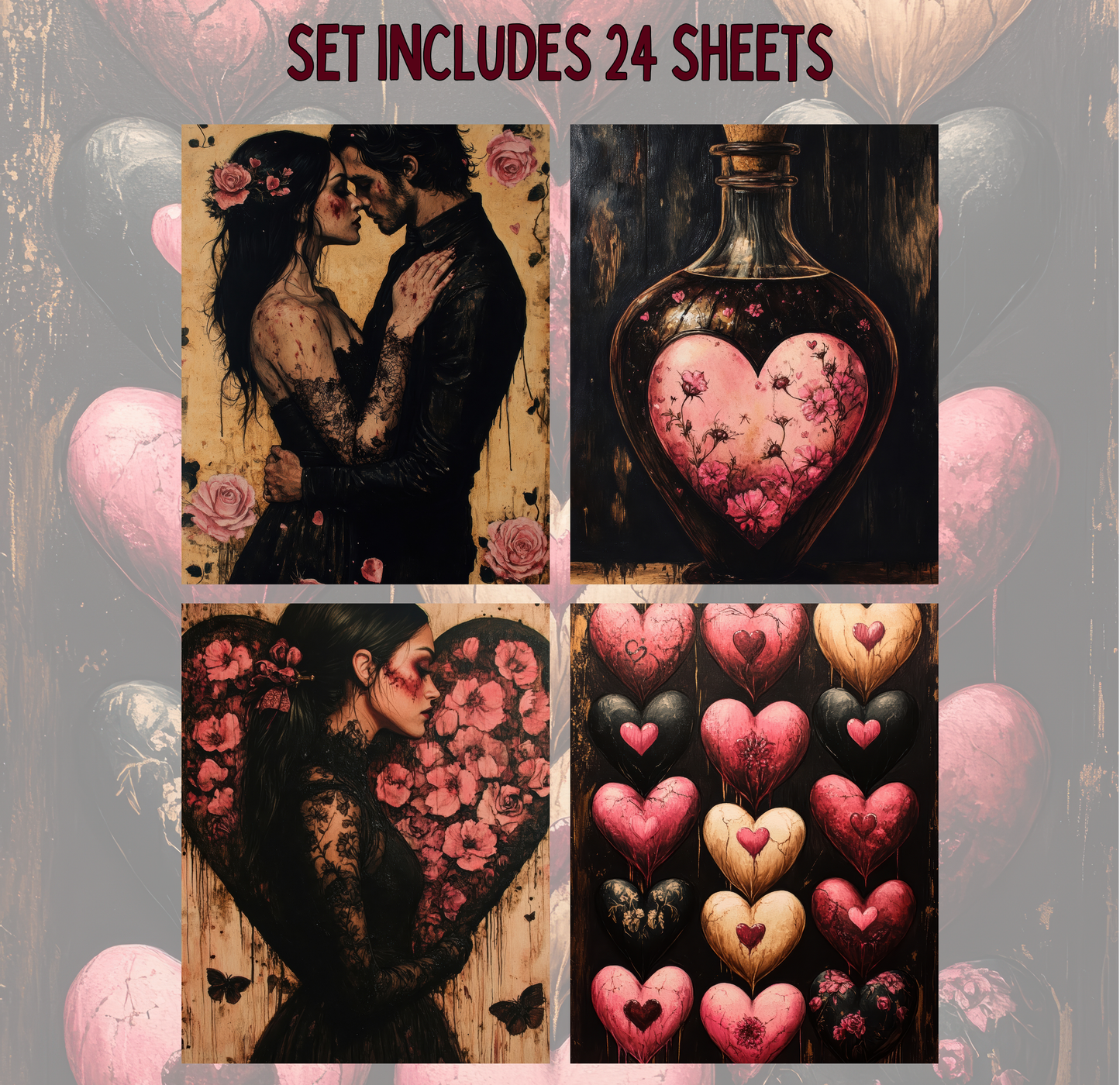 The image is a collage of four distinct images, each featuring a different artistic interpretation of the theme of hearts. The first image depicts a couple embracing, the second image shows a heart-shaped object with pink flowers, the third image features a heart-shaped object with black flowers, and the fourth image showcases a heart-shaped object with pink flowers.