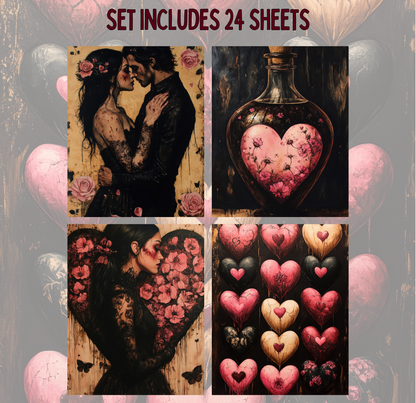 The image is a collage of four distinct images, each featuring a different artistic interpretation of the theme of hearts. The first image depicts a couple embracing, the second image shows a heart-shaped object with pink flowers, the third image features a heart-shaped object with black flowers, and the fourth image showcases a heart-shaped object with pink flowers.