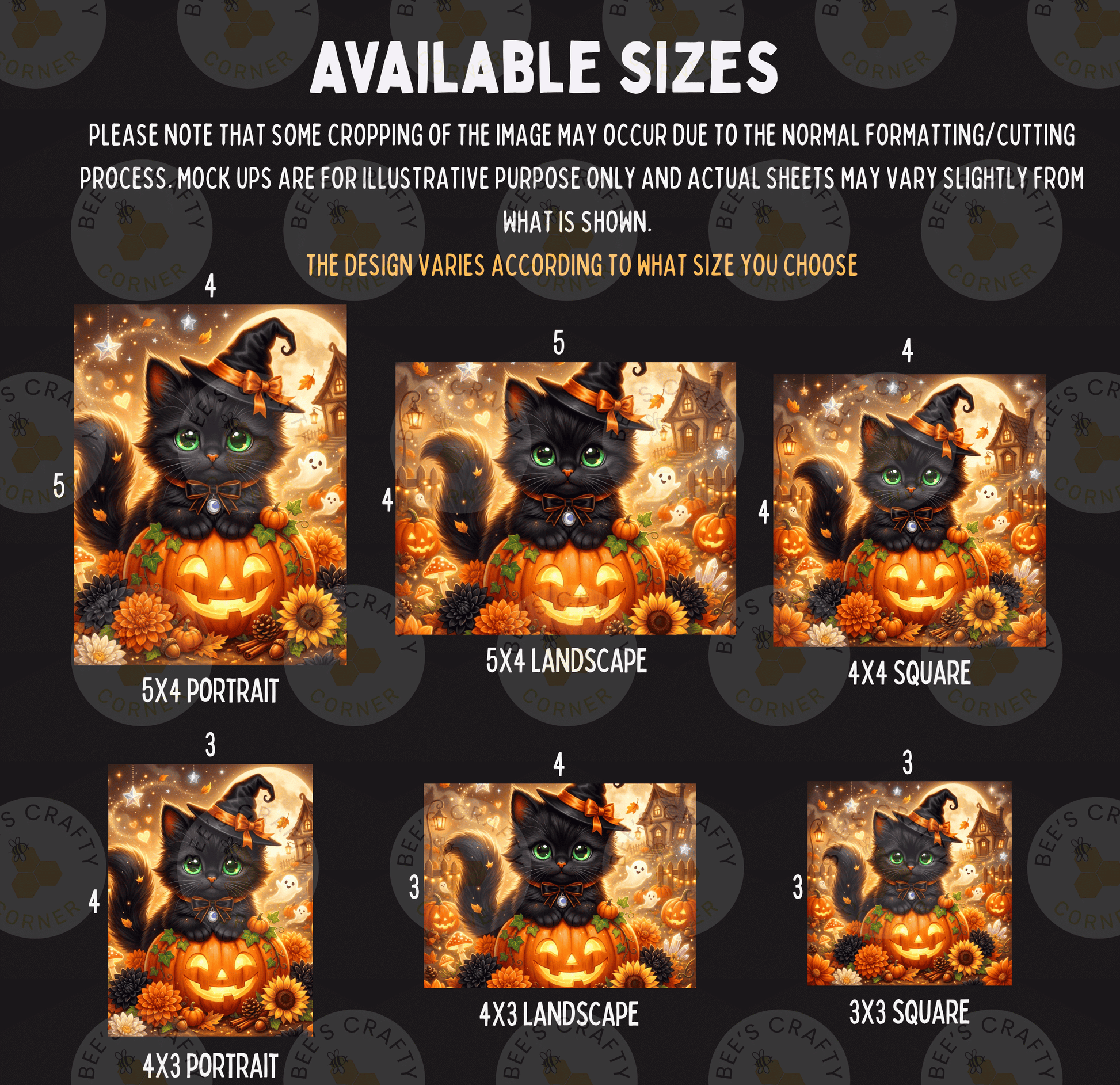 The image is a collage of six images featuring a black cat wearing a witch's hat and holding a pumpkin, surrounded by Halloween-themed elements such as pumpkins, flowers, and a full moon.