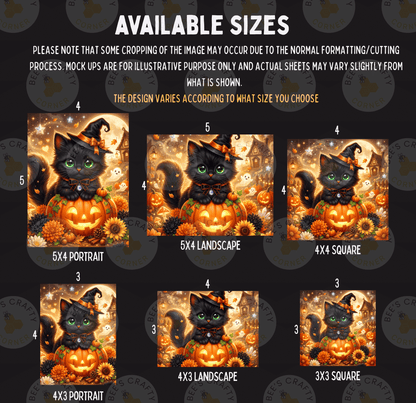 The image is a collage of six images featuring a black cat wearing a witch's hat and holding a pumpkin, surrounded by Halloween-themed elements such as pumpkins, flowers, and a full moon.
