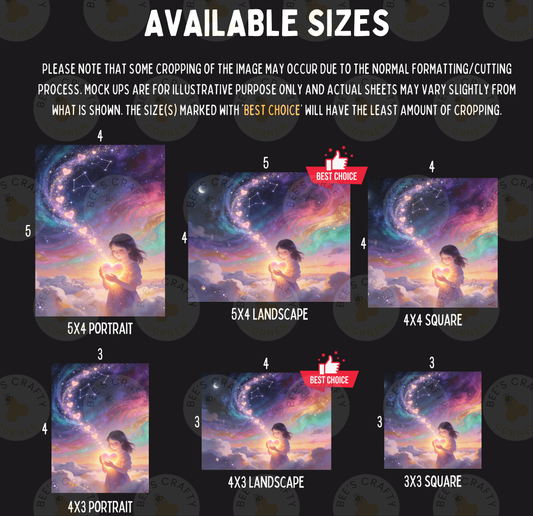 The image is a collage of six different sizes of the same landscape painting, with the sizes ranging from 5x4 to 5x3. The sizes are marked with the text "AVAILABLE SIZES" and "BEST CHOICE" to indicate the best-sized version of the painting.
