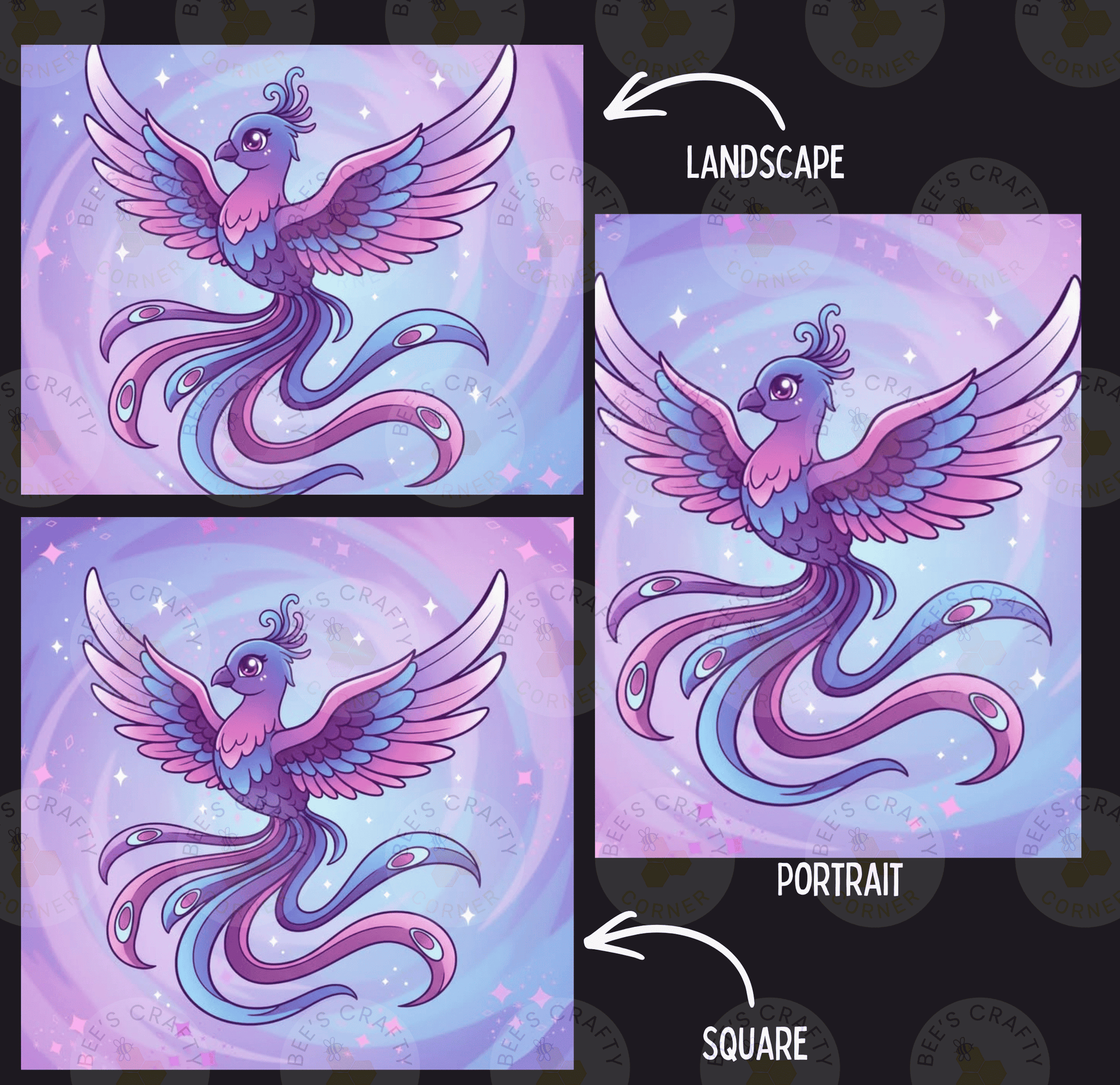 The image is a collage of three pictures depicting a fantastical bird with wings and tail feathers in shades of purple and blue. The bird is shown in different artistic styles, including landscape and portrait.