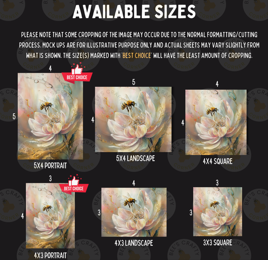 The image is a collage of six different images, each depicting a bee on a flower. The images vary in size, ranging from 5x4 to 5x3, and are labeled with the corresponding size in square units. The text indicates that the cropping of the images may occur due to the normal formatting process, and that mock-ups are provided for illustrative purposes only. The actual sheets may vary slightly from what is shown, but the size of the best choice will have the least amount of cropping.