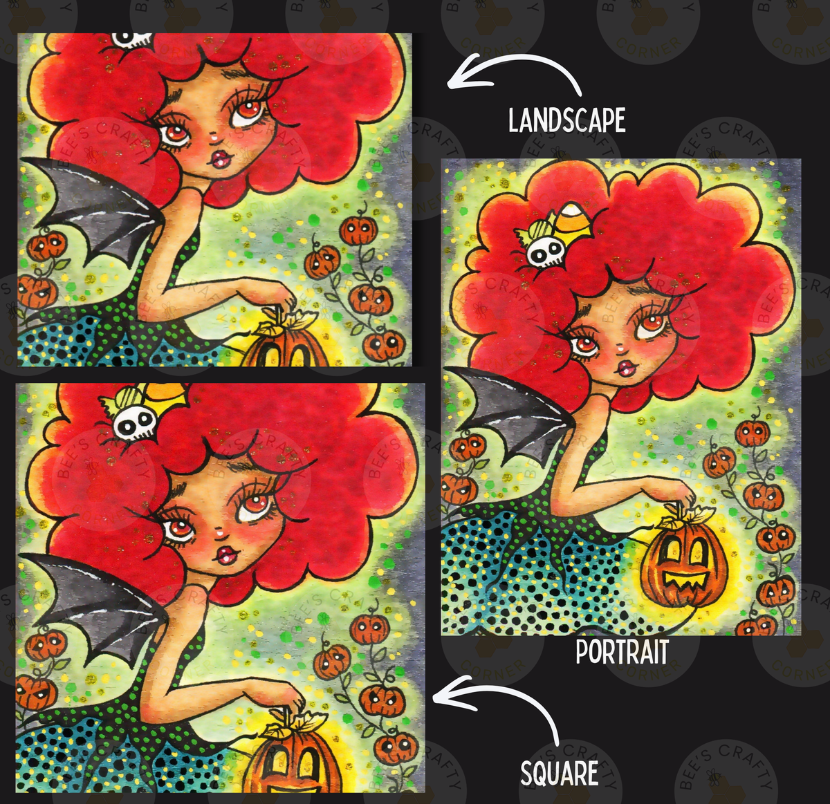 The image is a collage of three images depicting a young girl with red hair, a witch's hat, and a pumpkin. The girl is holding a pumpkin and appears to be in a landscape and portrait style.
