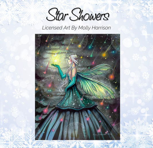 The image is a digital illustration featuring a fairy with long hair and wings, standing on a platform and holding a glowing orb in her hand. The background is filled with falling stars and snowflakes, creating a magical and enchanting atmosphere.