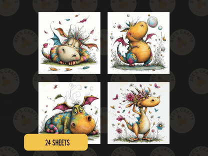 four colorful illustrations of whimsical, fantastical creatures, including dragons, fairies, and other mythical beings, set against a dark background.