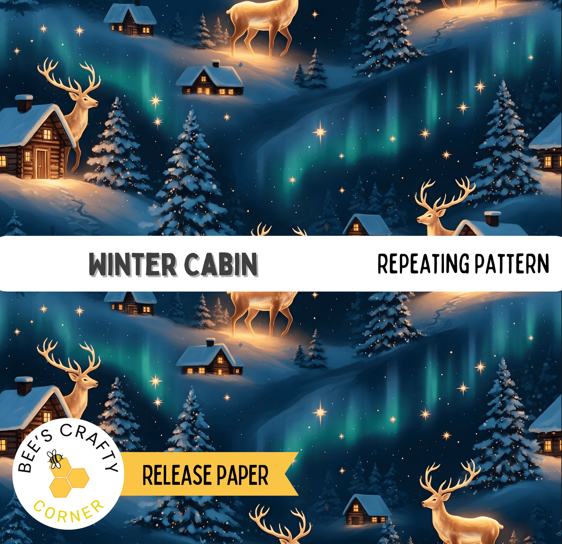 The image is a repeating pattern of winter cabin scenes with deer, snow, and stars.