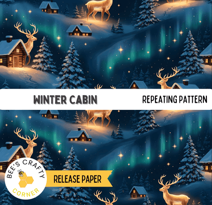 The image is a repeating pattern of winter cabin scenes with deer, snow, and stars.