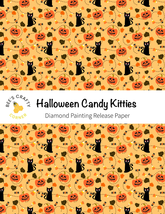 The image is a repeating pattern of Halloween-themed candy kitties, featuring black cats, pumpkins, and bats against an orange background.
