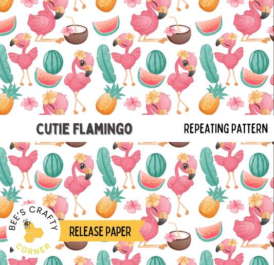 The image is a repeating pattern of pink flamingos, watermelons, pineapples, and other tropical fruits and flowers.