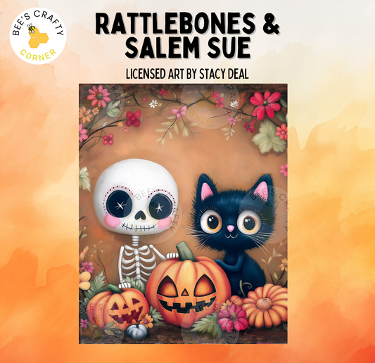 The image is a Halloween-themed illustration featuring a skeleton, a cat, and pumpkins, all set against a floral background.