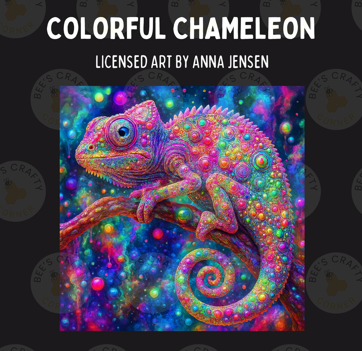The image is a vibrant and colorful painting of a chameleon, with its body covered in a multitude of bright, multicolored dots and patterns that create a visually striking and dynamic scene.