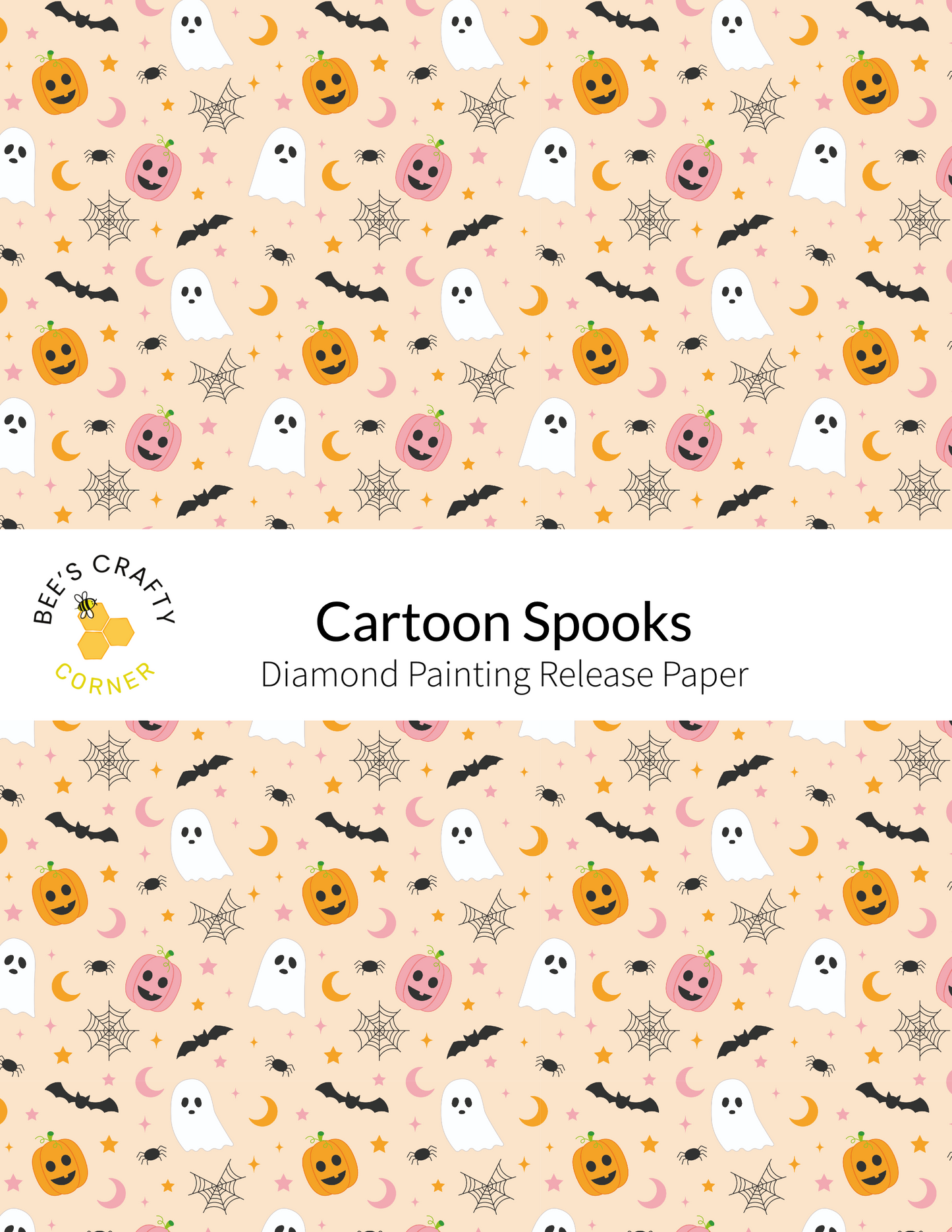 The image is a repeating pattern of Halloween-themed illustrations, including bats, pumpkins, ghostly figures, and spiderwebs, all set against a light peach background.