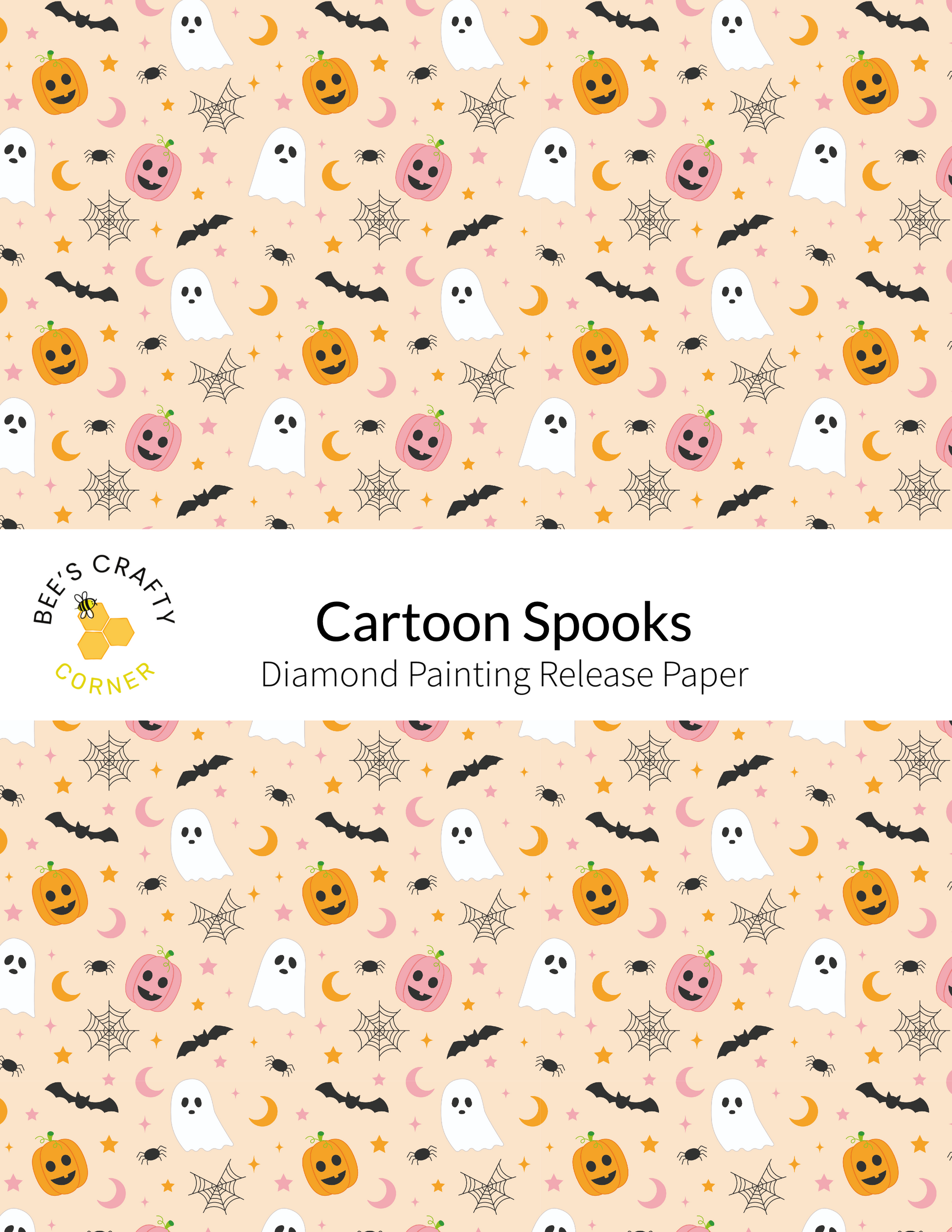 The image is a repeating pattern of Halloween-themed illustrations, including bats, pumpkins, ghostly figures, and spiderwebs, all set against a light peach background.