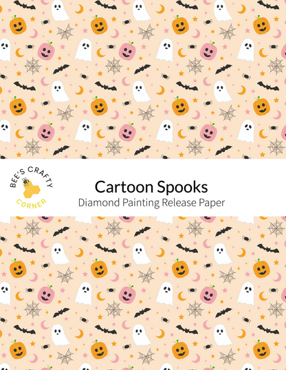 The image is a repeating pattern of Halloween-themed illustrations, including bats, pumpkins, ghostly figures, and spiderwebs, all set against a light peach background.
