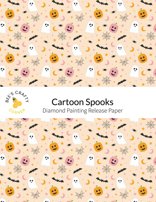The image is a repeating pattern of Halloween-themed illustrations, including bats, pumpkins, ghostly figures, and spiderwebs, all set against a light peach background.